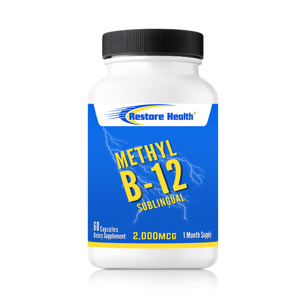 Supplement bottle labeled 'Methyl B-12 Sublingual' by Restore Health on a white background
