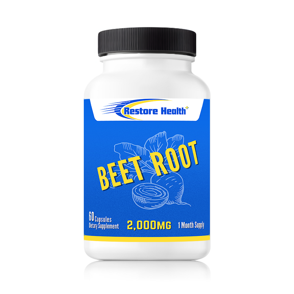 Restore Health Plus Beet Root Capsules – 2,000mg Natural Heart and Brain Support Supplement – 60 Capsules Dietary Supplement Bottle