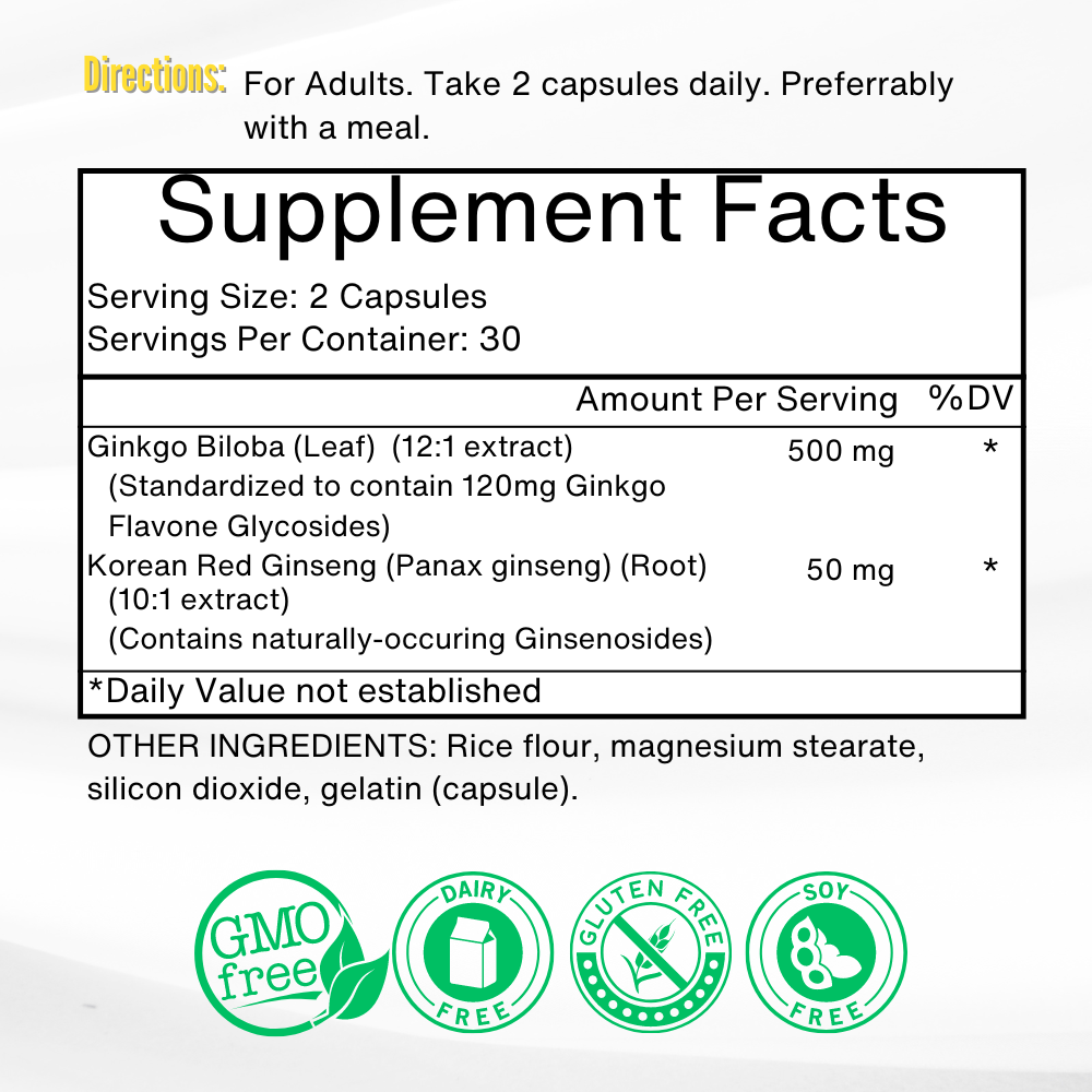 Ginkgo Biloba + Korean Ginseng complete label and ingredients