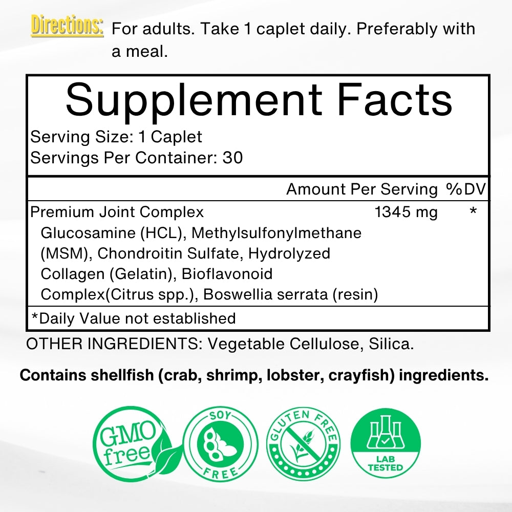 Supplement Facts for Glucosamine and Chondroitin with MSM, Boswellia, and Hydrolyzed Collagen