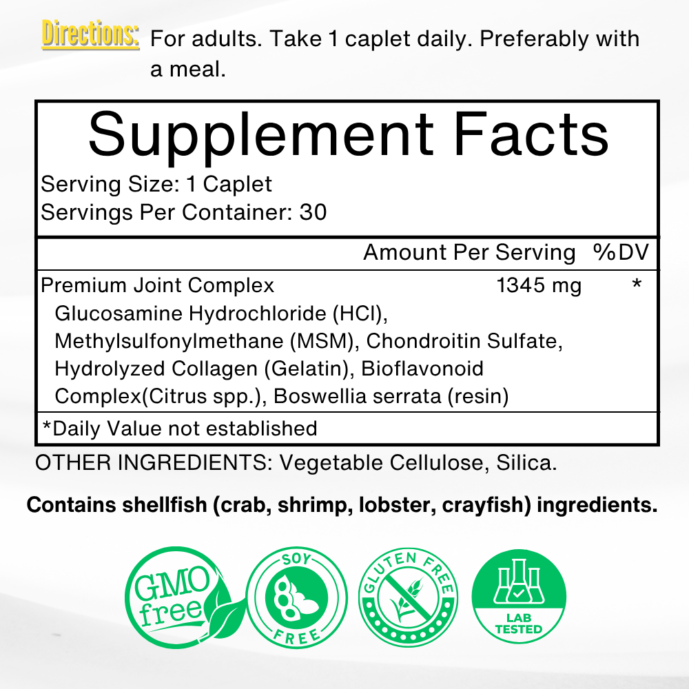 Supplement Facts for Glucosamine and Chondroitin with MSM, Boswellia, and Hydrolyzed Collagen