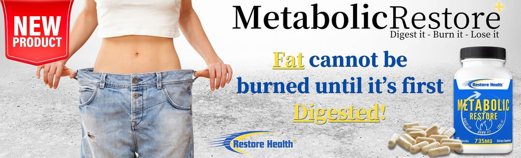 Metabolic Restore banner featuring fat-burning and digestion support supplement. Highlights the tagline ‘Fat cannot be burned until it’s first digested!’ with product image. Weight Loss. Formulated by Shan Stratton