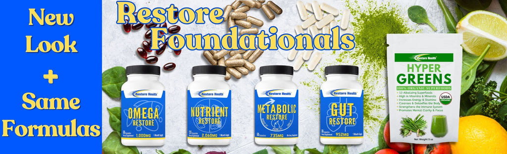 Shan Stratton Restore Foundational supplements banner featuring Omega Restore, Nutrient Restore, Metabolic Restore, Gut Restore, and Hyper Greens. Highlights new look with same trusted formulas