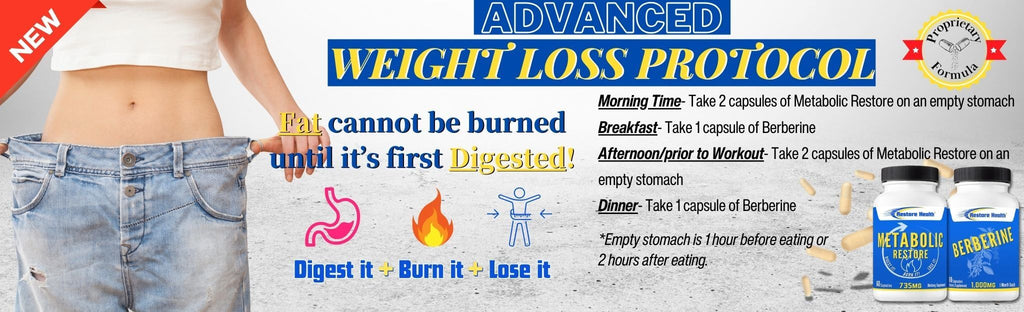 Restore Health Plus Weight Loss Protocol. Metabolic Restore, Fat burner, Berberine. Digest it, Burn it, Lose it. Formulated by Shan Stratton