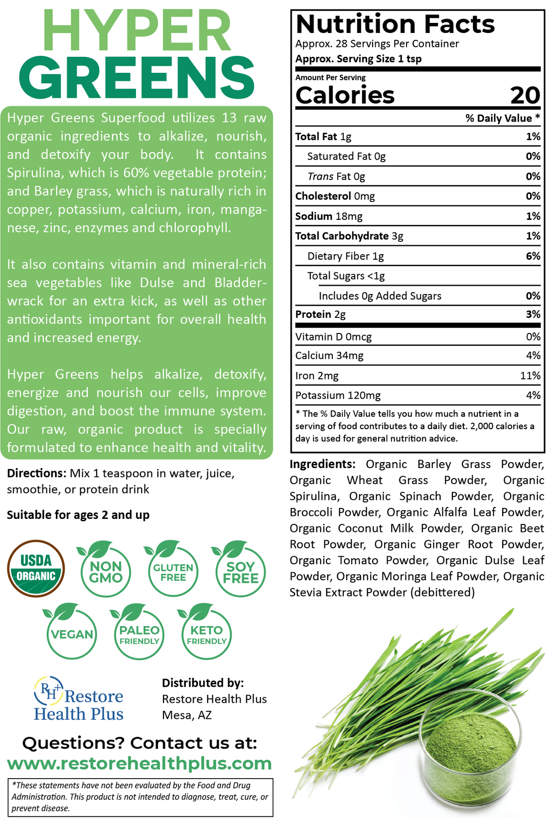 Hyper Greens Superfood complete label and ingredients